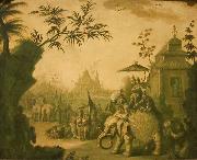 Jean-Baptiste Pillement A Chinoiserie Procession of Figures Riding on Elephants with Temples Beyond Germany oil painting artist